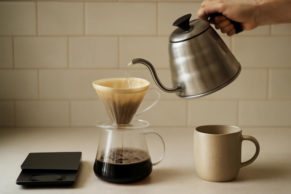 A scale, dripper and mug on a kitchen counter with a hand pouring water